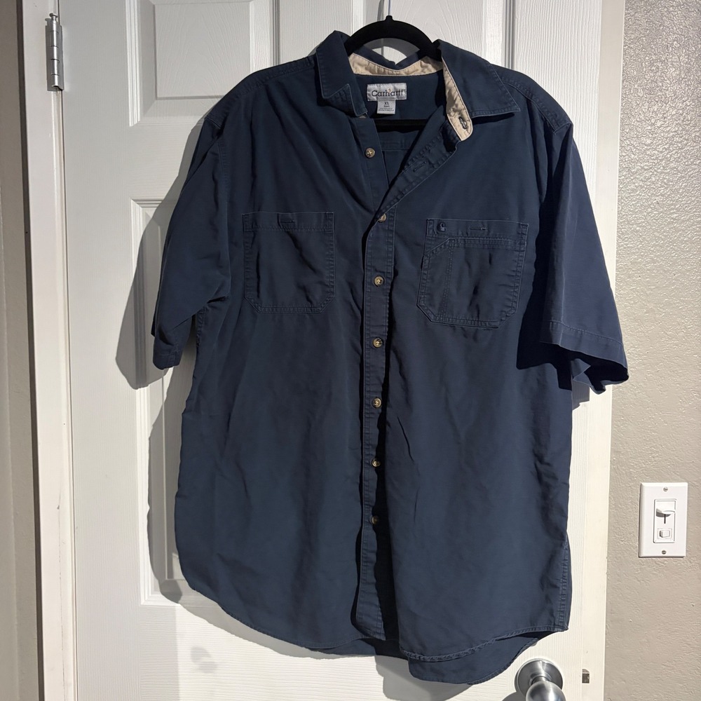 Carhartt Mens XL Tall Navy Blue Short Sleeve Button Down Work Shirt 100% Cotton